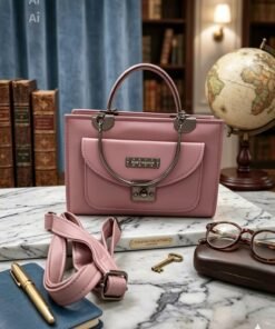 Stylish Women's Pink Leather Handbag with Metal Handle & Shoulder Strap