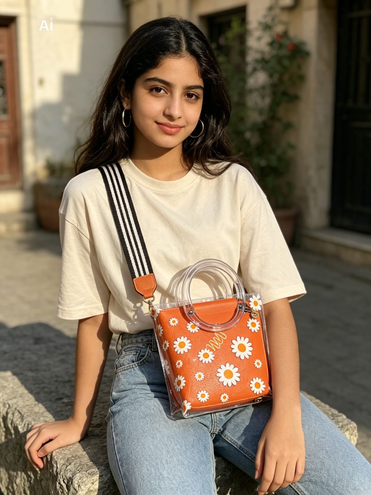 Vibrant Orange 2-Piece Clear Daisy Handbag Set