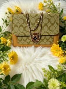 Luxury Olive Green Monogram Patterned Shoulder Bag with Gold Chain Strap