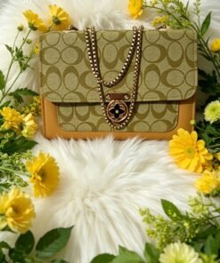 Luxury Olive Green Monogram Patterned Shoulder Bag with Gold Chain Strap