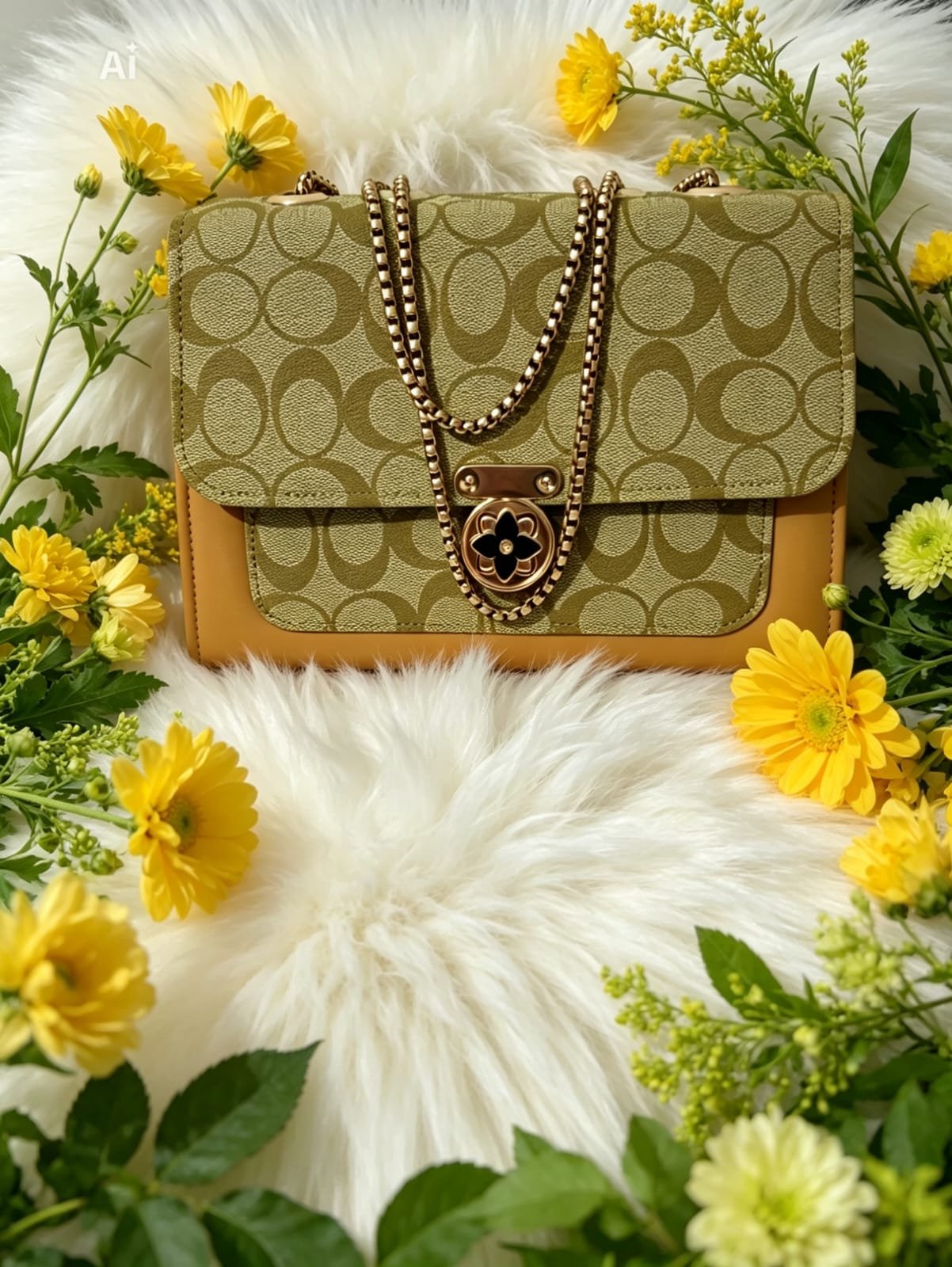 Luxury Olive Green Monogram Patterned Shoulder Bag with Gold Chain Strap