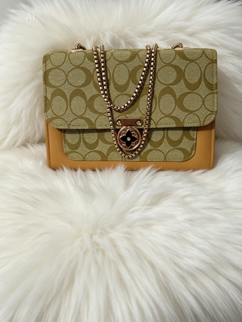Luxury Olive Green Monogram Patterned Shoulder Bag with Gold Chain Strap - Image 2