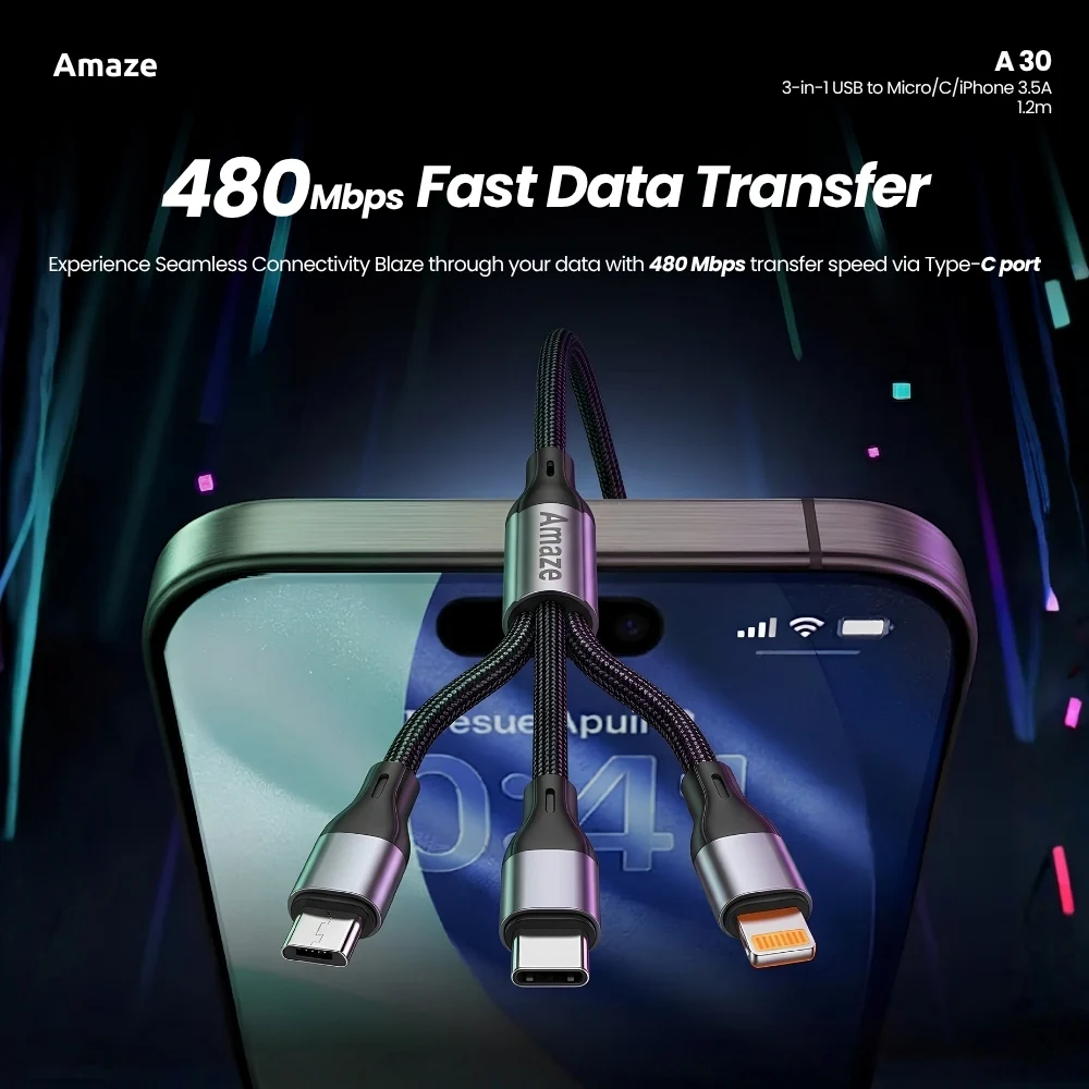 3-in-1 USB to MicroCiPhone 3.5A 1.2m A30 (3)