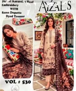 AYZALS Beige Digital Karandi Double Head Embroidered 3 Piece Suit with Same Brown Dupatta Vol 530