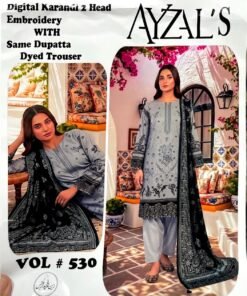 AYZALS Light Gray Digital Karandi Double Head Embroidered 3 Piece Suit with Black Printed Dupatta Vol 530