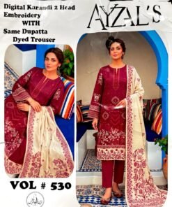 AYZALS Maroon Digital Karandi Double Head Embroidered 3 Piece Suit with Same Karandi Dupatta Vol 530