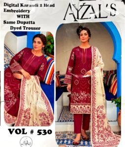 AYZALS Maroon Digital Karandi Double Head Embroidered 3 Piece Suit with Same Karandi Dupatta Vol 530