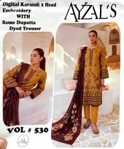 AYZALS Mustard Brown Digital Karandi Double Head Embroidered 3 Piece Suit with Same Dupatta Vol 530
