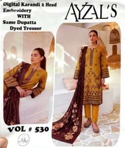 AYZALS Mustard Brown Digital Karandi Double Head Embroidered 3 Piece Suit with Same Dupatta Vol 530