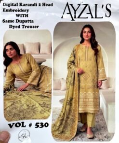 AYZALS Mustard Gold Digital Karandi Double Head Embroidered 3 Piece Suit with Same Dupatta Vol 530