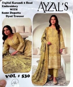 AYZALS Mustard Gold Digital Karandi Double Head Embroidered 3 Piece Suit with Same Dupatta Vol 530