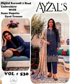 AYZALS Navy Blue Digital Karandi Double Head Embroidered 3 Piece Suit with Same Dupatta Vol 530