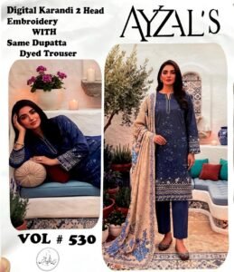 AYZALS Navy Blue Digital Karandi Double Head Embroidered 3 Piece Suit with Same Dupatta Vol 530