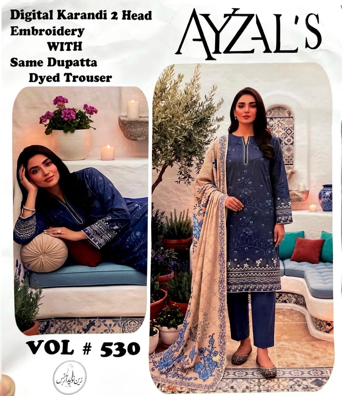 AYZALS Navy Blue Digital Karandi Double Head Embroidered 3 Piece Suit with Same Dupatta Vol 530