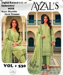 AYZALS Pistachio Green Digital Karandi Double Head Embroidered 3 Piece Suit with Same Dupatta Vol 530