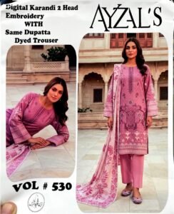 AYZALS Rose Pink Digital Karandi Double Head Embroidered 3 Piece Suit with Same Dupatta Vol 530