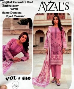 AYZALS Rose Pink Digital Karandi Double Head Embroidered 3 Piece Suit with Same Dupatta Vol 530