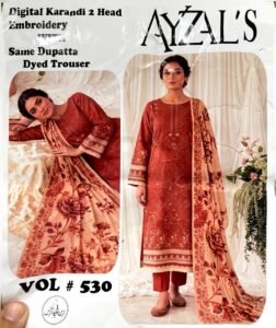 AYZALS Rust Digital Karandi Double Head Embroidered 3 Piece Suit with Same Floral Dupatta Vol 530