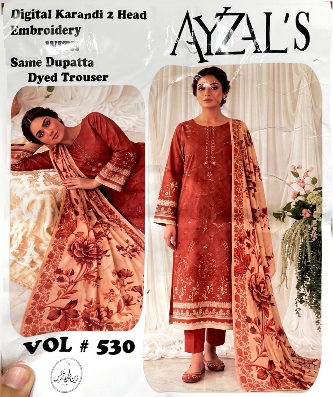 AYZALS Rust Digital Karandi Double Head Embroidered 3 Piece Suit with Same Floral Dupatta Vol 530