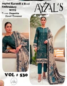 AYZALS Teal Green Digital Karandi Double Head Embroidered 3 Piece Suit with Same Dupatta Vol 530