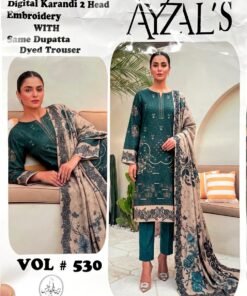 AYZALS Teal Green Digital Karandi Double Head Embroidered 3 Piece Suit with Same Dupatta Vol 530